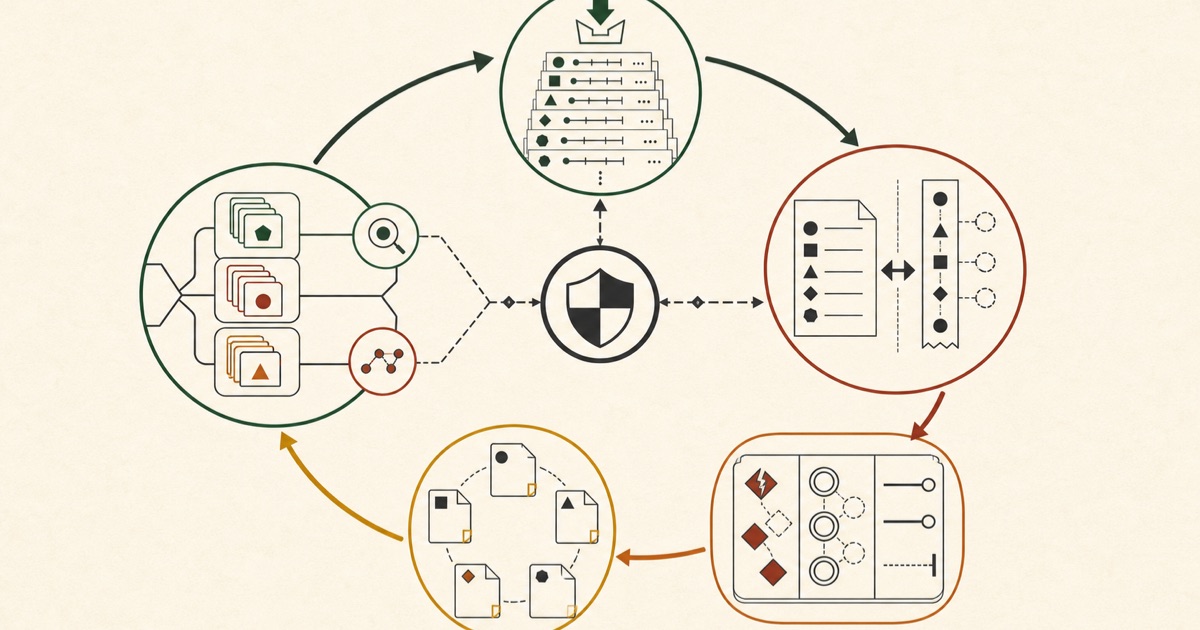 Build an AI Agent Evaluation Flywheel That Improves Prompts — a text-free circular technical schematic shows recorded agent traces being separately evaluated for outcomes and trajectories, classified into recurring failure types, turned into prompt candidates, and checked against development, hold-out, and regression cases before feeding evidence back into the next run. Visual direction: idea: a trace-aware evaluation loop turns recurring agent failures into verified prompt changes; subject: AI agent evaluation flywheel; mechanism: captured tool traces flow through separate outcome and trajectory evaluation, failure taxonomy, prompt variants, and hold-out/regression verification with a safety gate; composition: a single clockwise five-stage circular schematic with evidence records at the top and a verification boundary closing the loop; palette: warm off-white, graphite, deep forest green, muted rust, clay orange, restrained golden yellow; exclusions: dark navy, neon-blue glow, floating UI cards, network nodes, generic AI circuitry, people, robots, logos, readable artwork text.