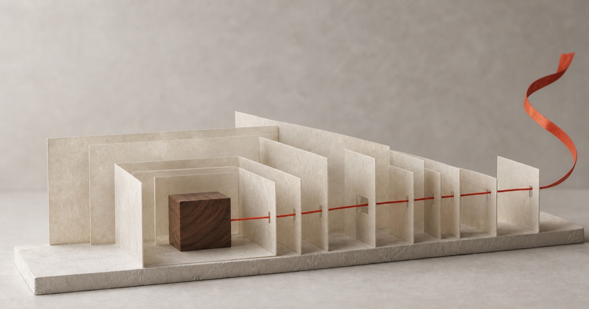 Clean Architecture: Where SOLID, DDD and Event-Driven Systems Fit — a handcrafted architectural maquette shows a protected walnut core behind layered boundaries, with a single controlled thread crossing gateways and continuing outward as an event, representing inward dependencies and decoupled follow-up work.