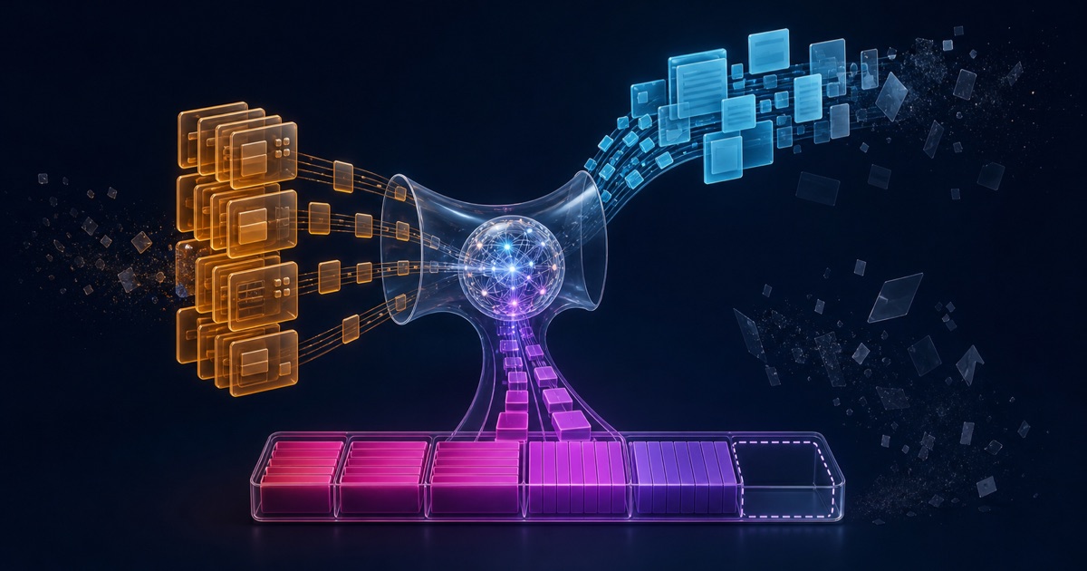 Context Engineering for AI Agents: Memory, Retrieval, and Token Budgets — an abstract AI-agent core receives separately filtered memory, retrieved evidence, and segmented token-budget streams, representing deliberate context selection for the next decision.