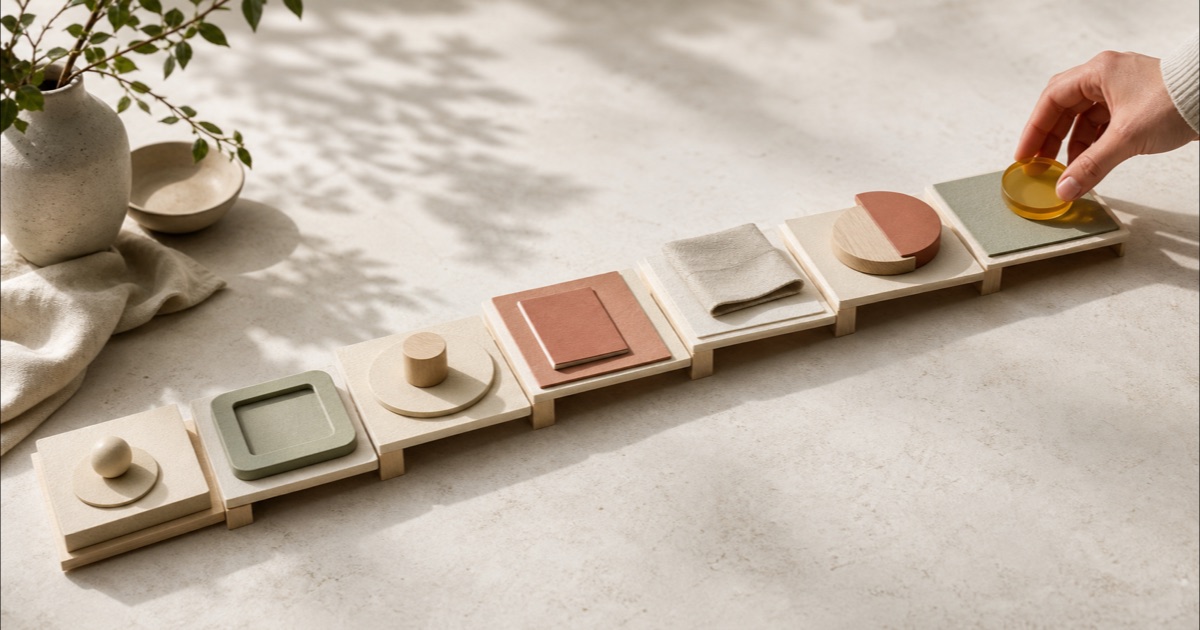 Multi-Agent Systems: Your Guided Learning Path — a sequence of seven distinct tactile tiles progresses across a light worktable as a human hand places an amber review marker at the final step, representing guided learning, coordinated roles, and human oversight in a multi-agent workflow.