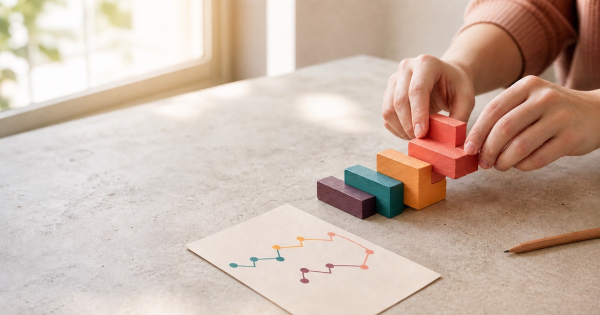 Hands arranging colorful wooden tiles into an upward pattern on a sunlit table, representing the small practical steps of learning Python.