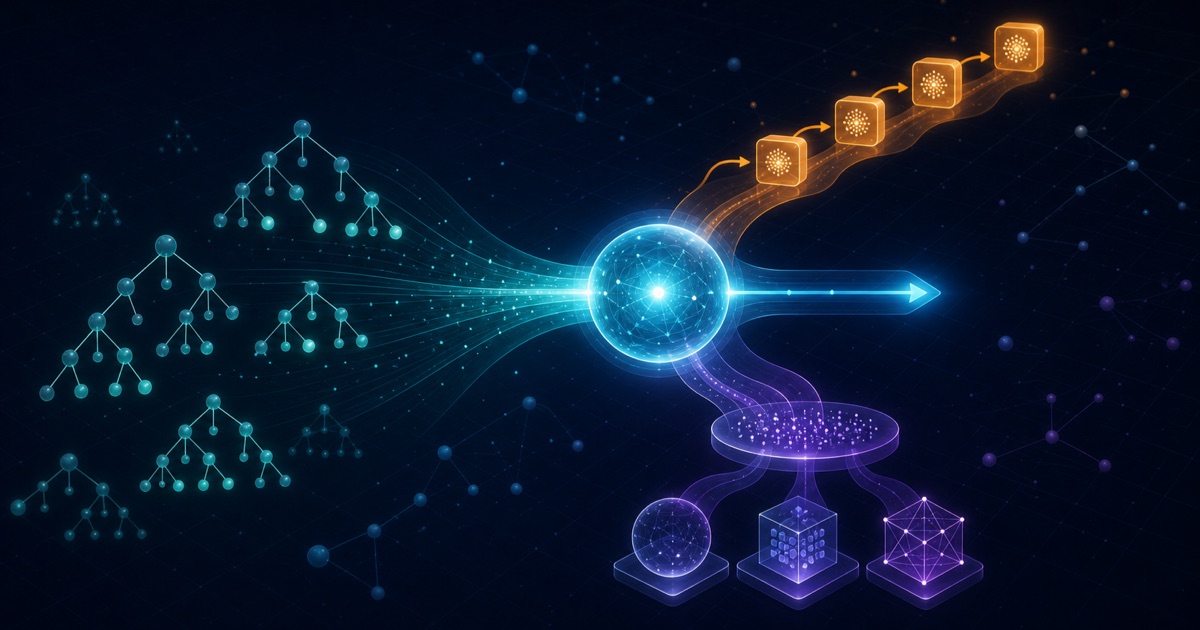 What Are Ensemble Methods in Machine Learning? A luminous central prediction node receives distinct streams from decision trees, sequential learners, and model modules, showing diverse models combining into one dependable result.