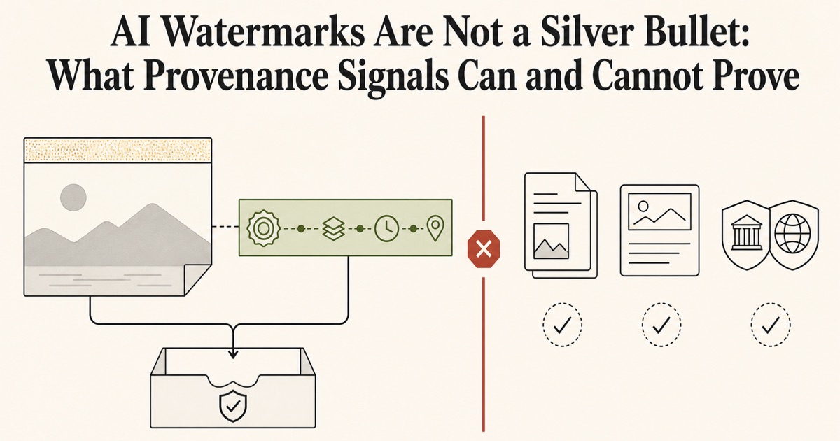 AI Watermarks Are Not a Silver Bullet: What Provenance Signals Can and Cannot Prove — a warm ivory technical diagram shows a media file with an embedded watermark band and a linked provenance record feeding an evidence tray, then stopping before separate source, context, and corroboration checks, representing that C2PA metadata and watermarks inform origin but cannot independently prove accuracy, ownership, or context. Visual direction: idea: provenance signals are useful evidence but stop short of editorial truth; subject: C2PA Content Credentials and embedded AI watermarking; mechanism: a media file carries an embedded watermark while a separate provenance record supplies origin/history information, both entering an evidence tray before a hard boundary requiring source, context, and corroborating-evidence checks; composition: landscape editorial explainer card with the exact headline in the upper third and a lower horizontal proof-boundary schematic; palette: warm ivory, ink charcoal, muted brick red, moss green, soft ochre, pale stone gray; exclusions: dark navy, neon-blue glow, floating UI cards, network nodes, generic AI circuitry, people, robots, hands, dashboards, physical-machine metaphors, decorative charts, logos, secondary readable text.