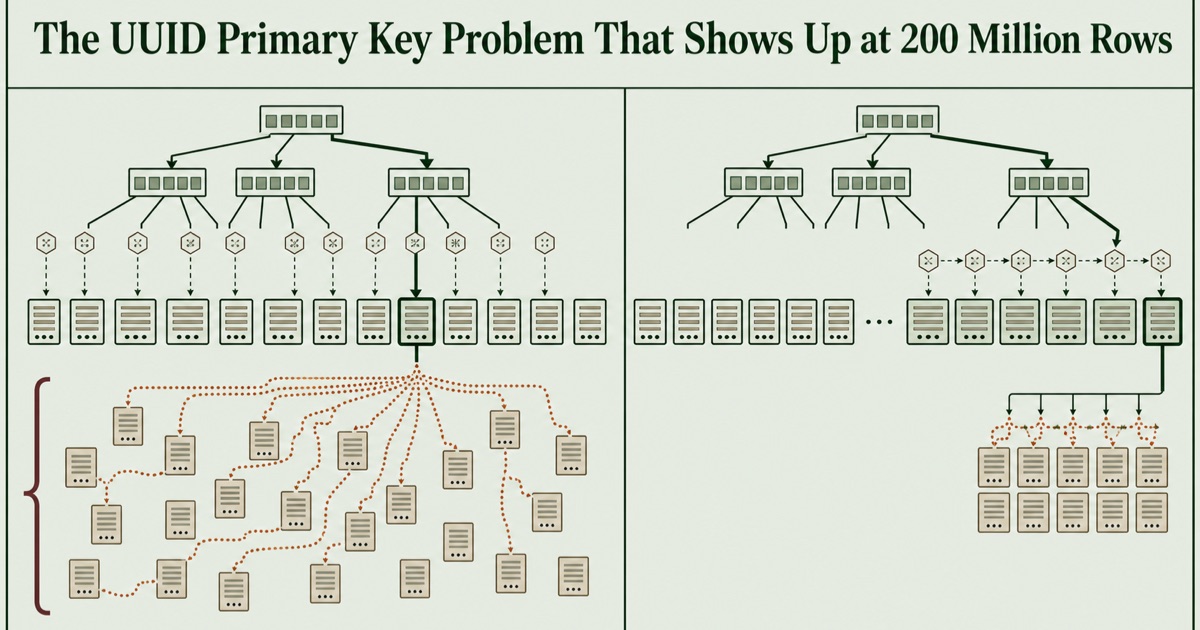 The UUID Primary Key Problem That Shows Up at 200 Million Rows — a framed technical comparison shows a random UUID B-tree scattering inserts and a point lookup fanning into many cold row pages, contrasted with a time-ordered UUID path that keeps inserts and fetched pages locally clustered. Visual direction: idea: a UUID primary-key lookup can find the key quickly yet still cause extreme page reads when random insertion order scatters the B-tree and cold row pages; subject: UUID primary keys at 200 million rows; mechanism: compare random UUID insert distribution across many B-tree leaf pages with time-ordered UUID inserts concentrated at the active edge, then show a point lookup descending the index and fanning out into scattered cold data pages marked by a dense 94,000-read texture; composition: framed comparison — a generous title band across the top, with a large left diagnostic zone for random UUID scatter and a right diagnostic zone for ordered UUID locality, joined only at the bottom by one shared lookup-to-row path; palette: deep forest/moss — pale eucalyptus background, forest-green and near-black ink, muted sandstone page blocks, restrained burnt-orange I/O accents, and a small burgundy warning accent; exclusions: dark navy, neon-blue glow, floating UI cards, network nodes, generic AI circuitry, people, robots, hands, dashboards, logos, fake code, secondary readable text, decorative charts, physical-machine metaphors