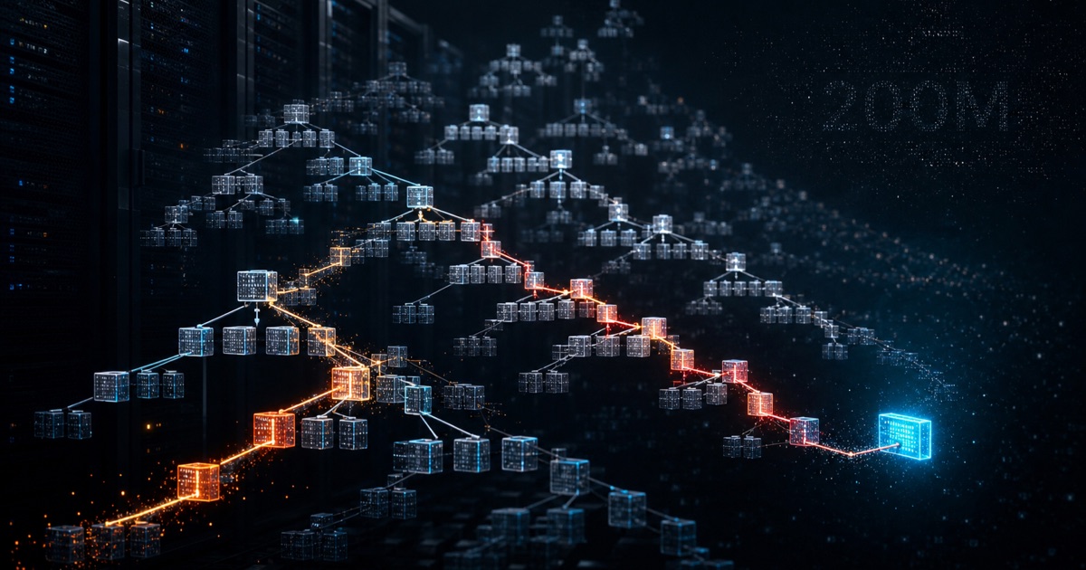 The UUID Primary Key Problem That Shows Up at 200 Million Rows — an abstract database index of scattered glowing data blocks and a long fragmented path to one UUID-like key, representing random UUID locality costs and heavy I/O at large scale.