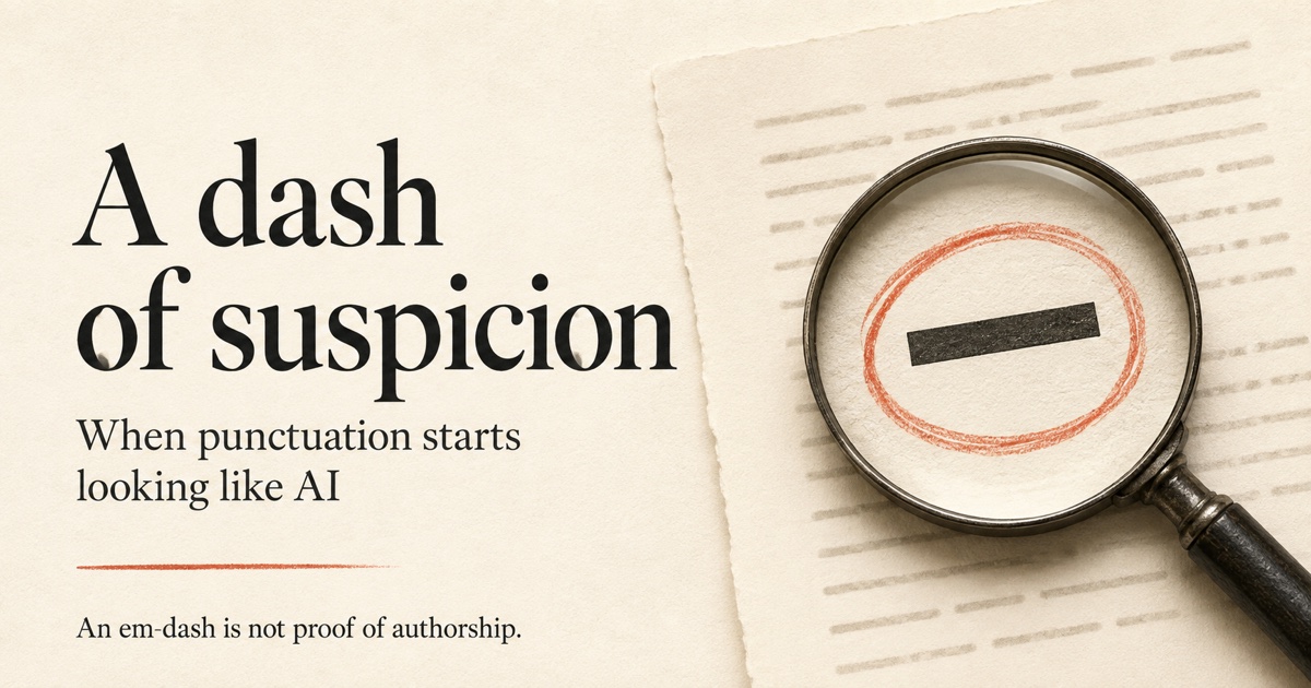 A magnifying glass examines a circled em dash beside the headline A dash of suspicion, illustrating doubts about AI authorship.