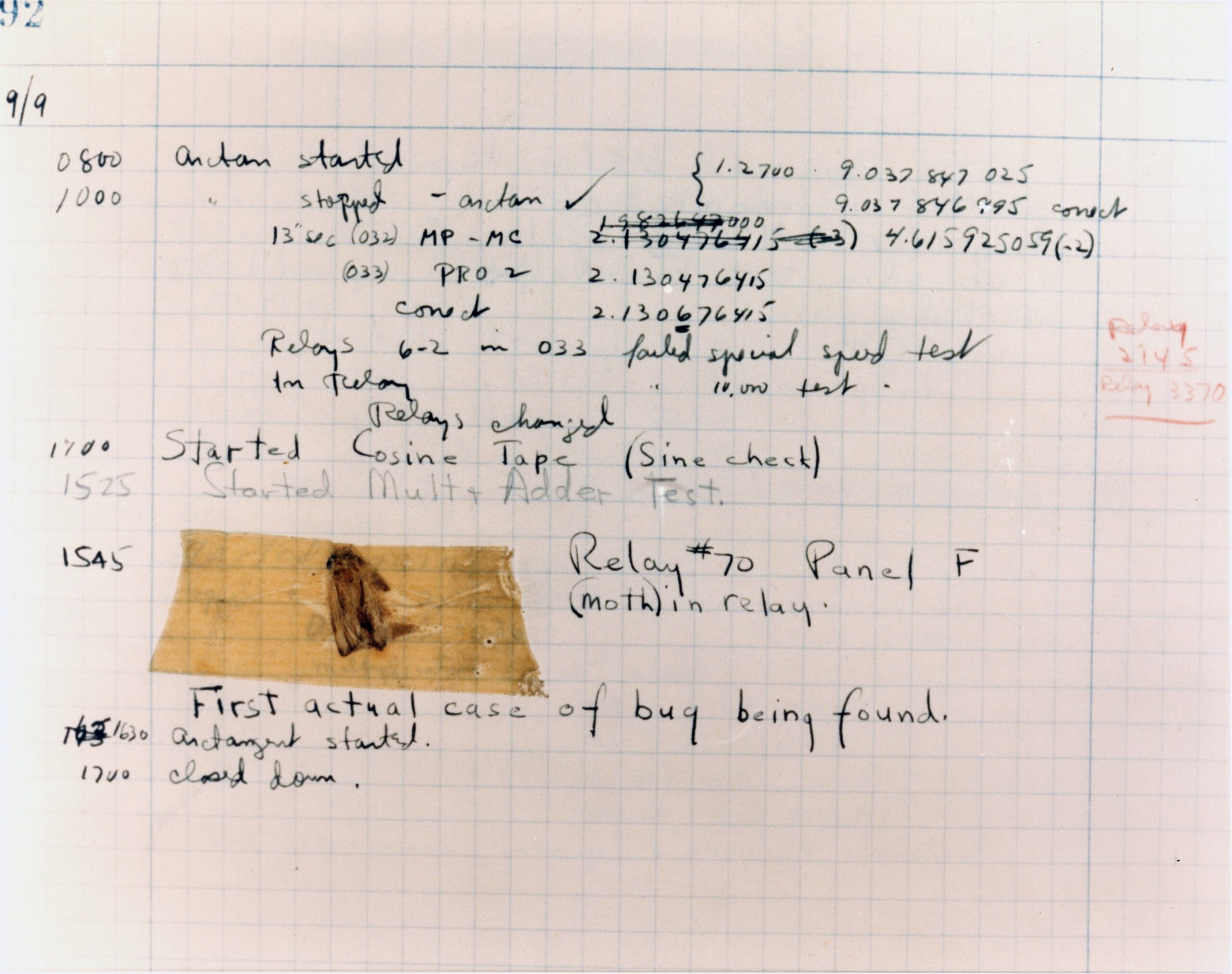The 1947 Harvard Mark II logbook page with a moth taped beside the entry about a bug being found
