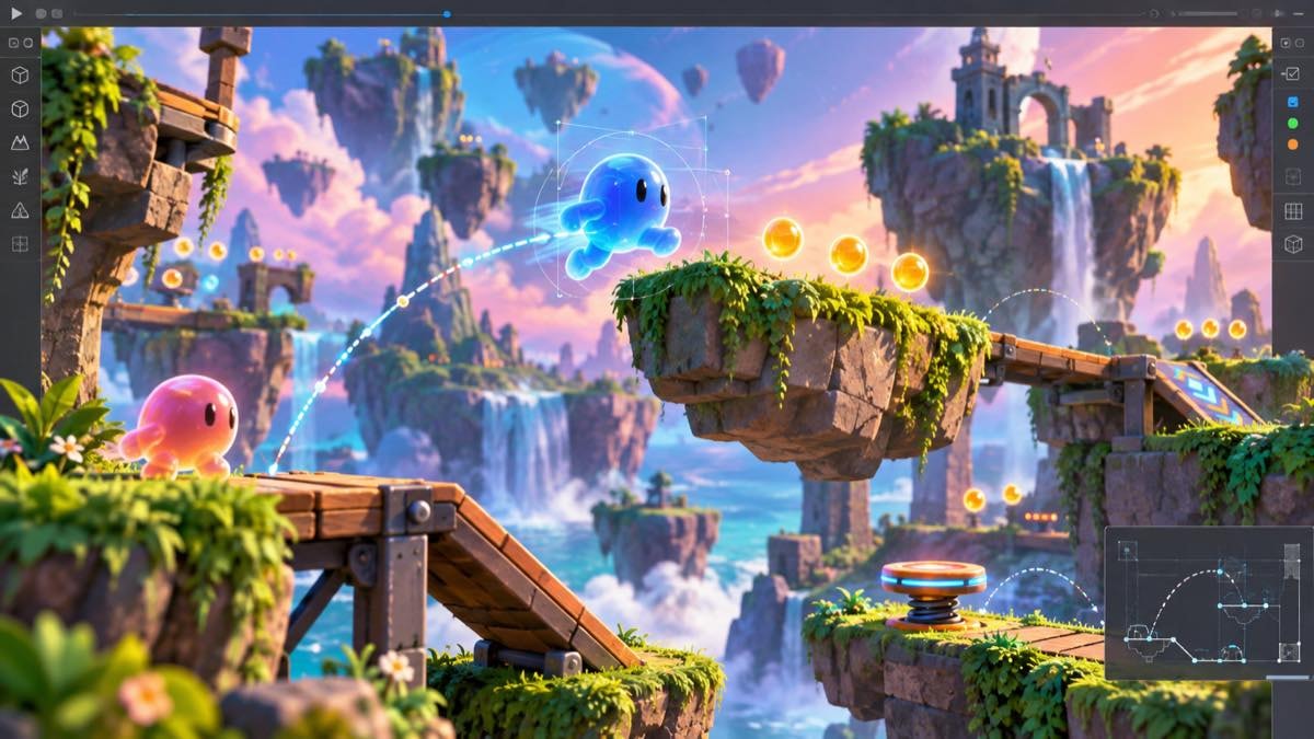 Original illustration of a physics platformer being playtested, with jump arcs, collision guides and an editor frame