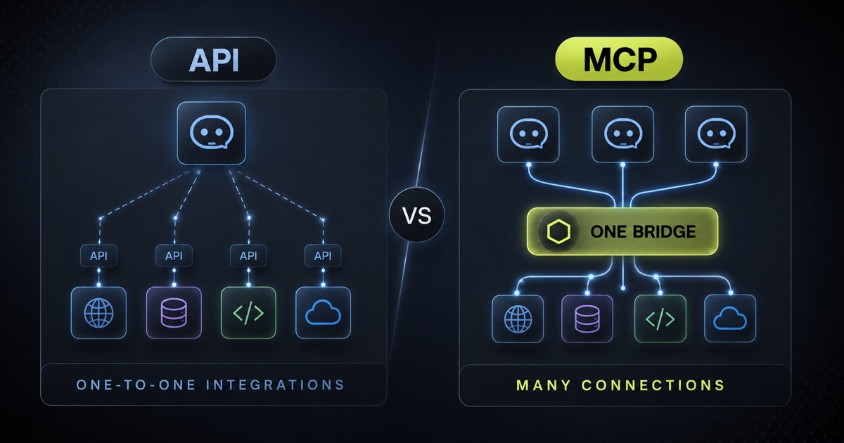 Diagram comparing traditional API integrations with an MCP server connecting AI clients to multiple tools