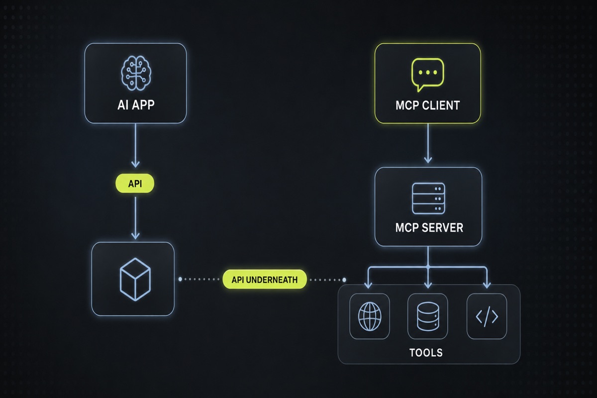 Diagram comparing API integration with MCP client and server architecture
