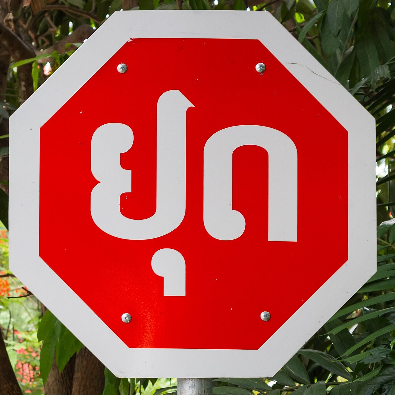 Red octagonal stop sign with Lao script in Luang Prabang, Laos